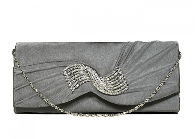 Evening Bag - Pleated Satin w/ Rhinestone Charm Accent - Gray - BG-92199GY